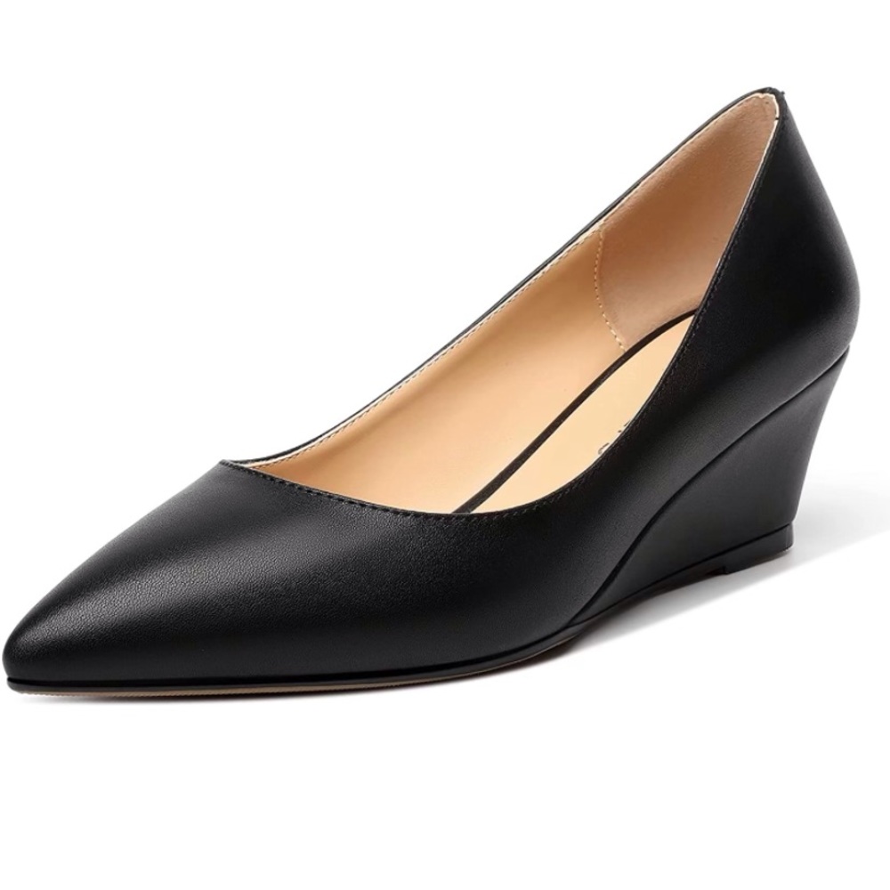 IDIFU Women's Dress 2 Inch Low Heels Wedge Pumps Closed Pointy Toe Slip On Shoe